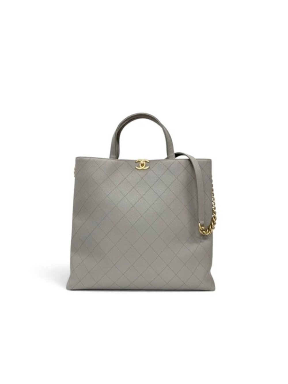 Chanel Tote Shoulder Bag Gray Gold Quilted CC Logo Turnlock
